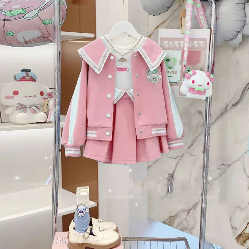 Children's Korean Style Baseball Uniform Coat Pleated Skirt Trousers Two-piece Children's Suit
