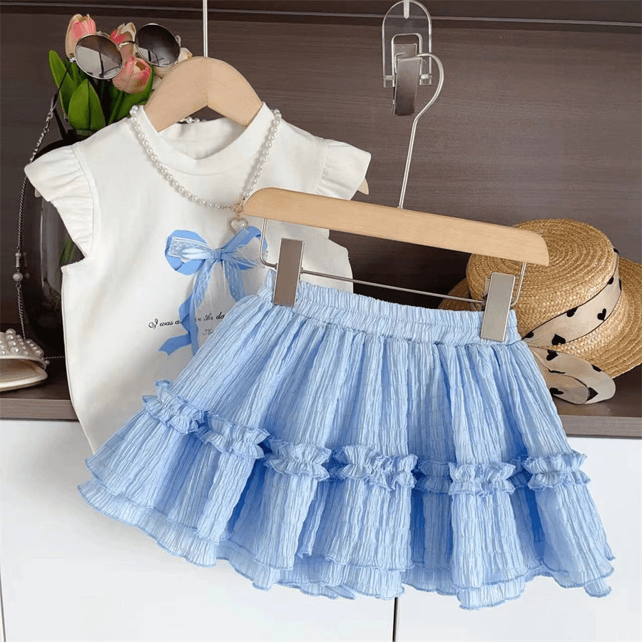 Summer Fashionable Bow Flounced Sleeve T-shirt Cake Children's Suit