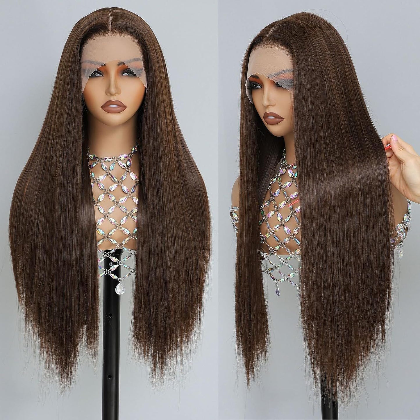 Women's Lace Wine Red Medium Hair Synthetic Long Straight Wig