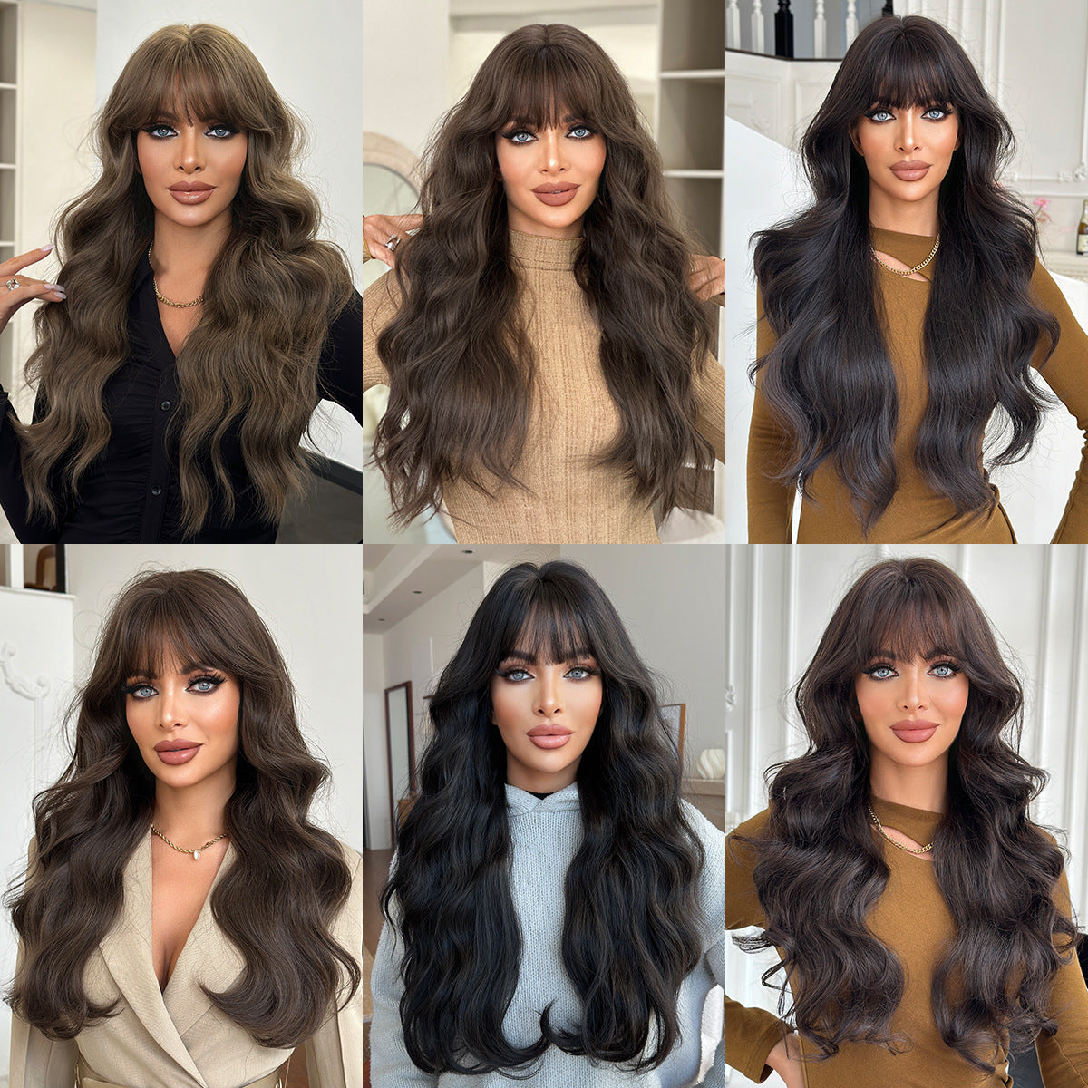 Black Tea Brown Straight Bangs Curly Wig Long Curls