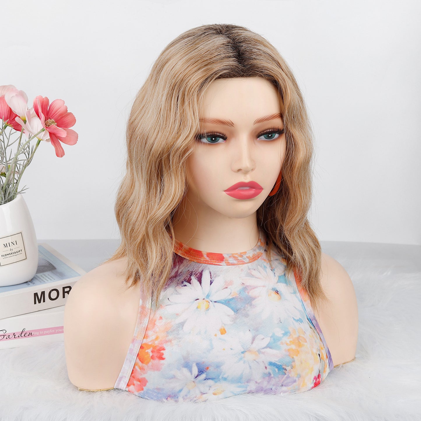 Women's Water Ripple Head Cover Golden Brown Chemical Fiber Wig Short Curly Hair