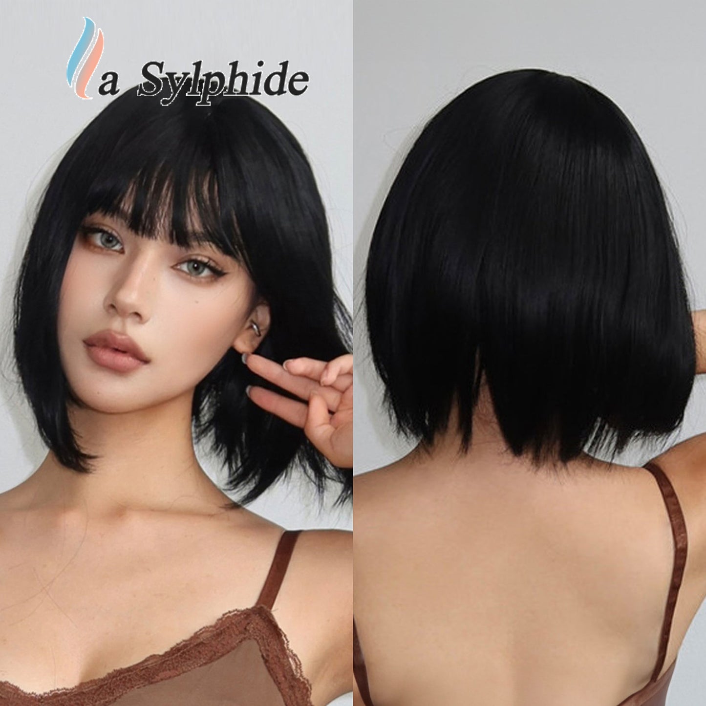 Women's Head Cut Pink Bangs Universal Halloween Wig Short Straight Hair
