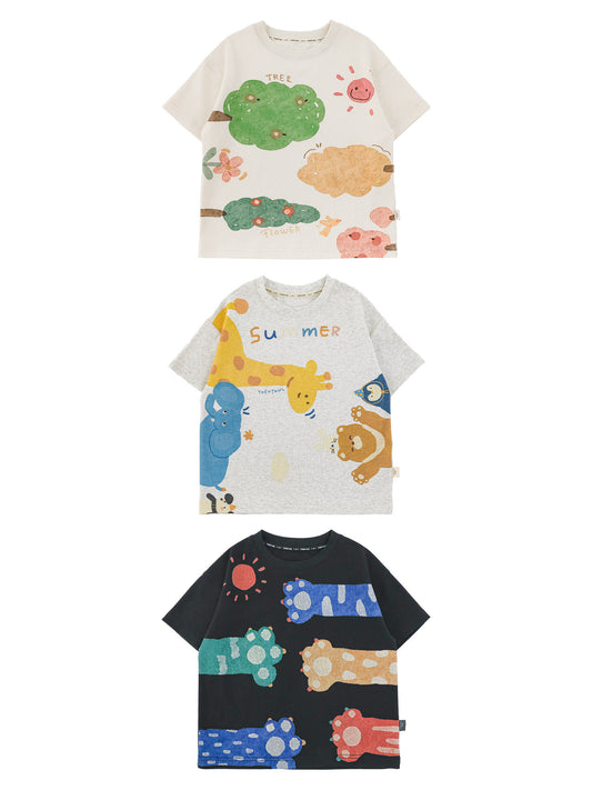 Cartoon Cloud Shield Colorful Zoo Summer Cute Breathable Short Sleeve Children's T-shirt