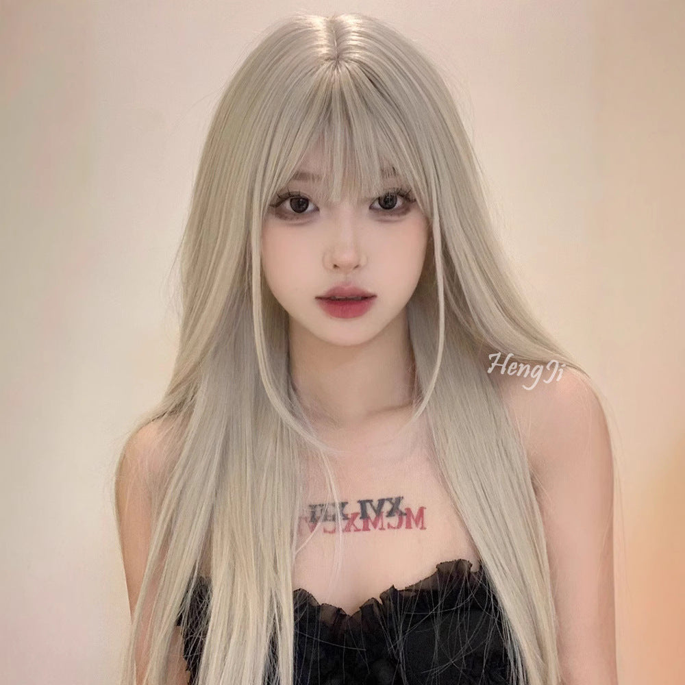 Women's Platinum Hair Round Face Team Long Straight Wig