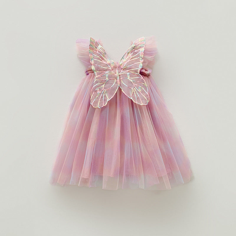 Rainbow Wings Mesh Summer Flounced Sleeve Princess Children's Dress