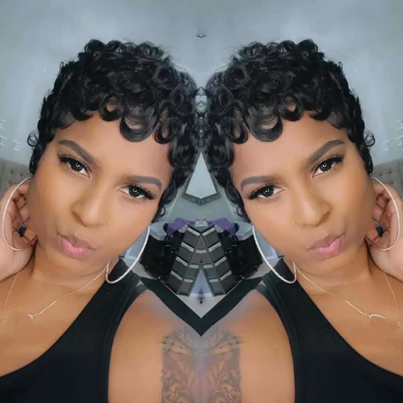 Women's African Small Black Elf Fiber Wig Short Curly Hair