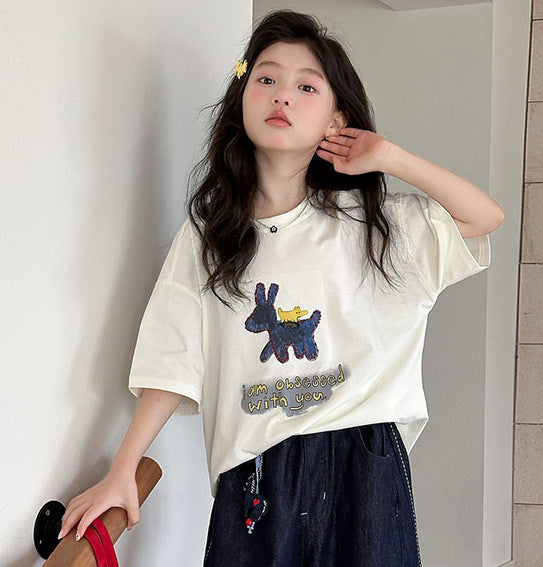 Korean Style T-shirt Light Sier Denim Cropped Pants Printed Short Children's Suit