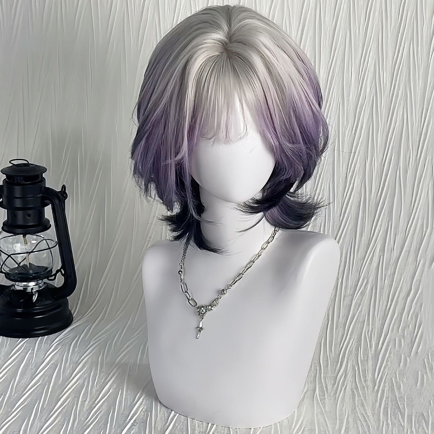 Purple Mist Roaming Female Layer White Gradient Wig Short Curly Hair