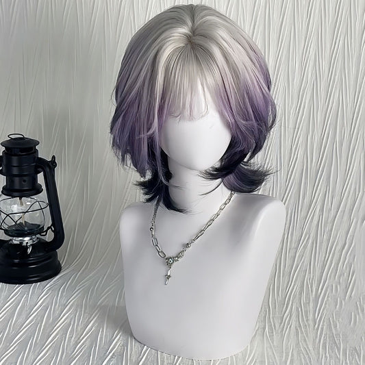 Purple Mist Roaming Female Layer White Gradient Wig Short Curly Hair