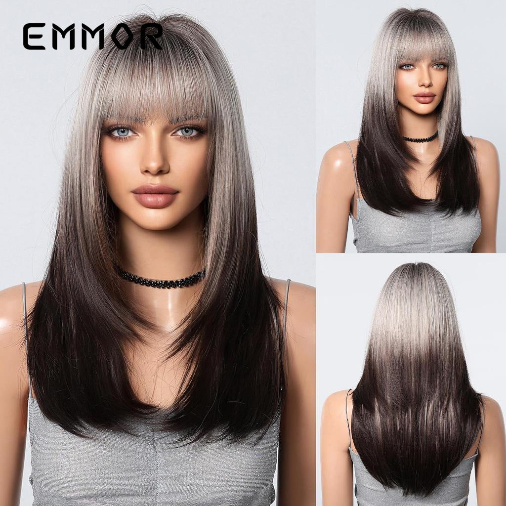 Punk Pink Gradient Dark Brown Fringe Straight Wig Long Curls