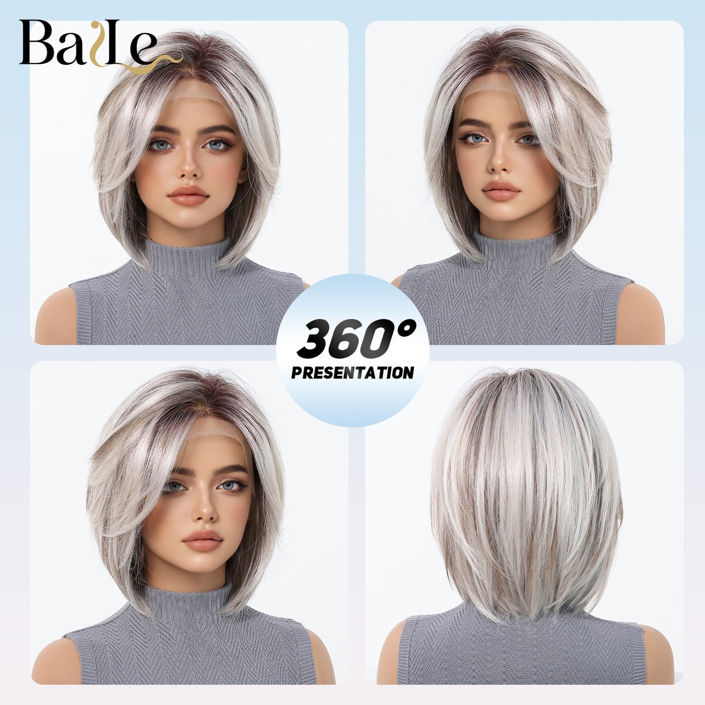 Lace Dark Brown Root Gradient Sier White Hand Wig Short Straight Hair