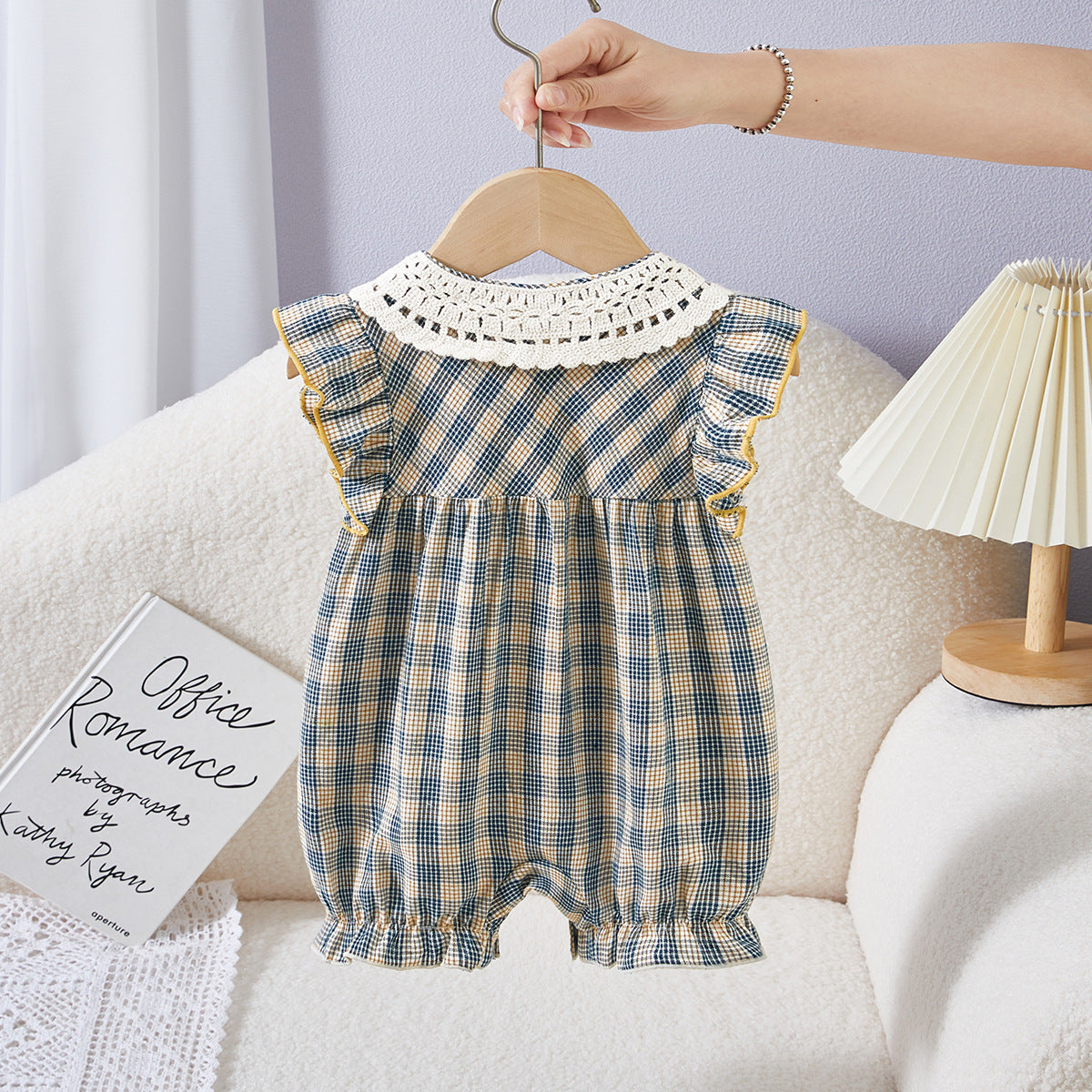 Clothes Jumpsuit Lace Plaid Front Open For Babies Short Sleeve Jumpsuit, Climbing Suit