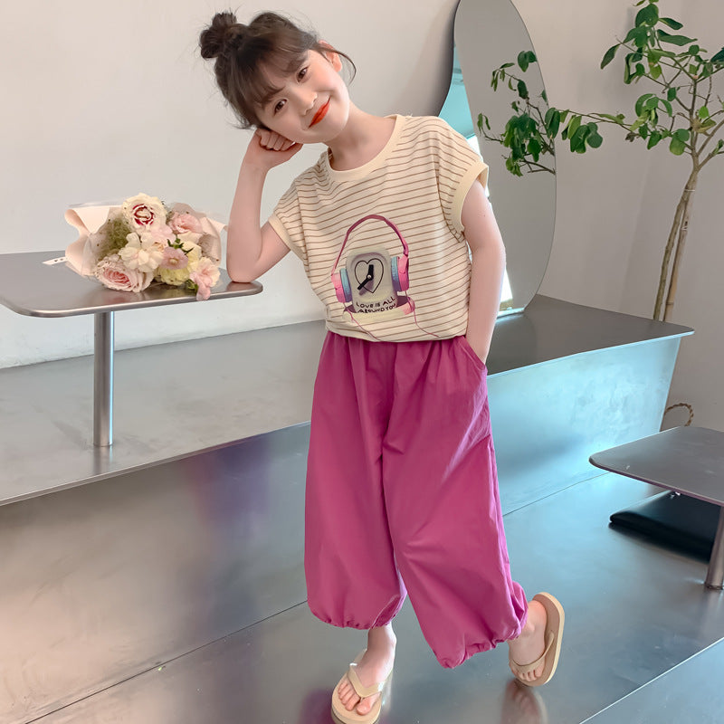 Summer Suits Western Style Fashion Striped Cartoon Casual Two-piece Children's Suit