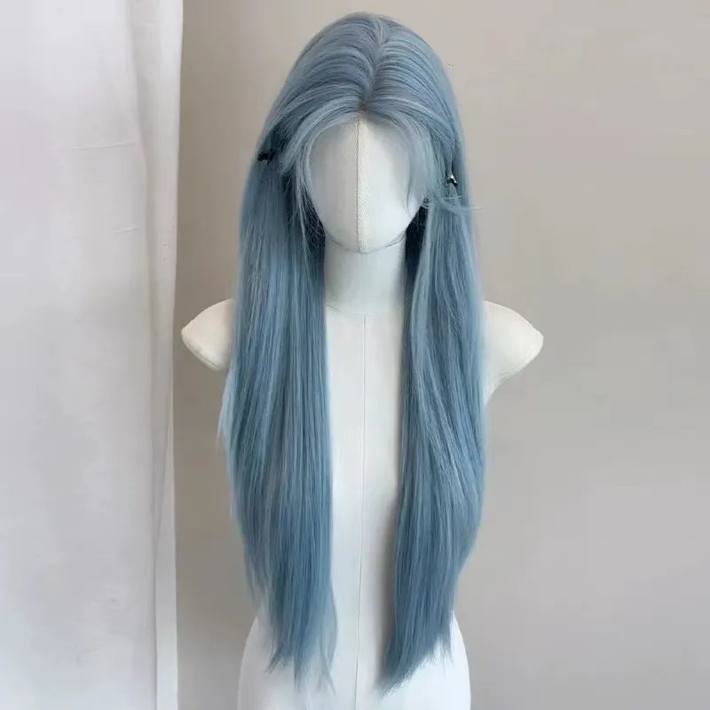 Glacier Forehead Lace Low Saturation Blue Female Long Straight Wig