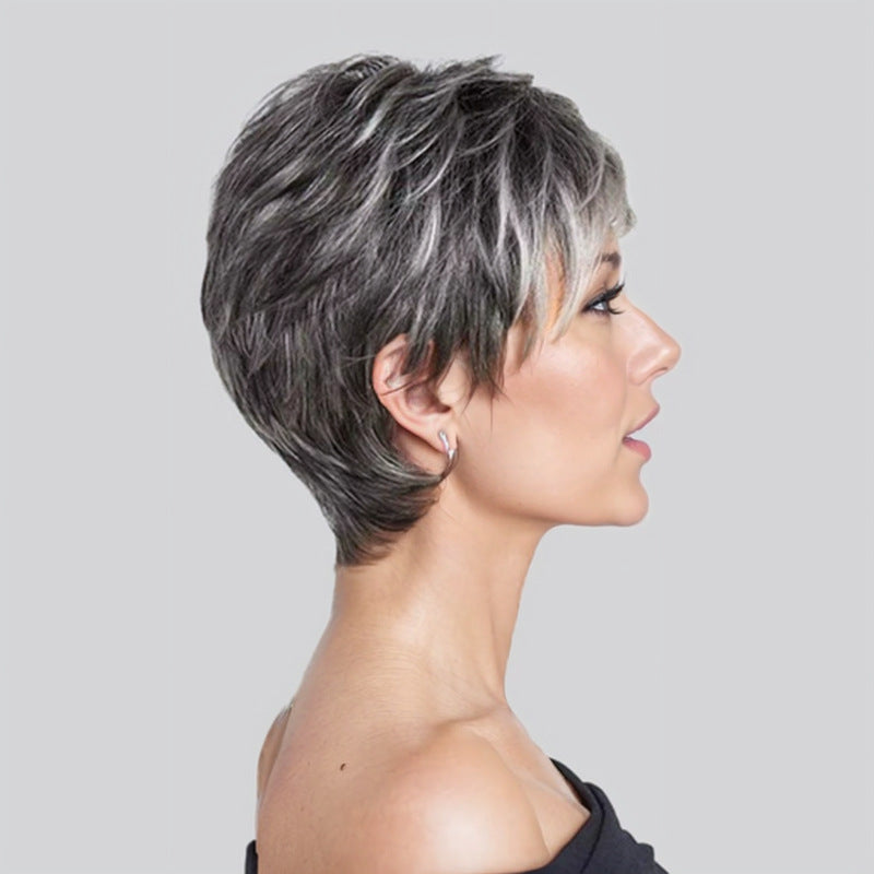 Women's Gray White Small Roll Tube Split Fiber Piece Wig Short Straight Hair