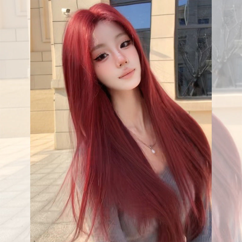 Head Female Summer Medium Points Wine Hair Temperament Full Long Straight Wig