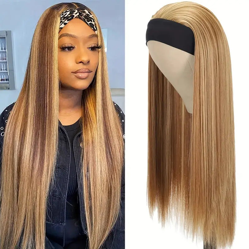 Band Inch Fashion Brown Gold Mixed Color Fiber Long Straight Wig