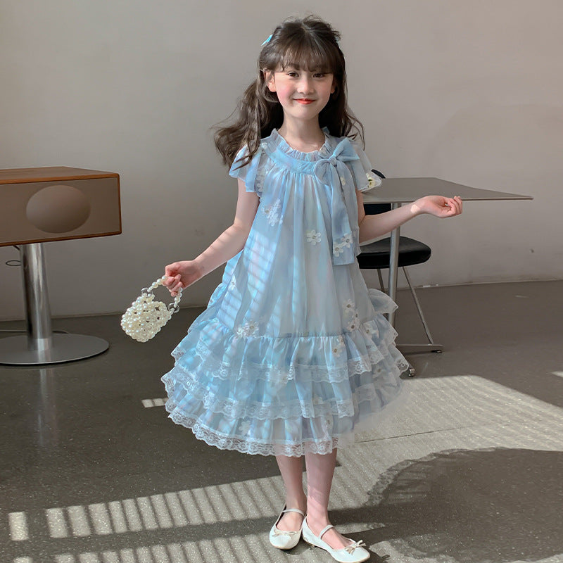 Children's Blue Lace Sweet Cute Medium Large Female Summer Korean Travel Children's Dress