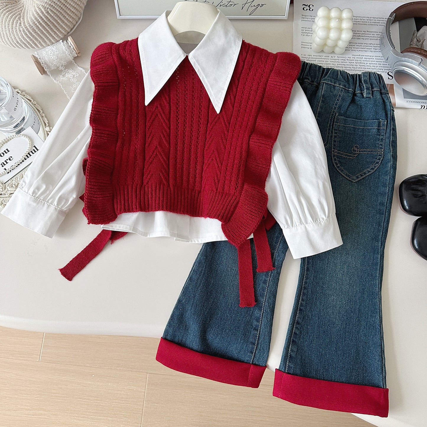 Autumn Korean Style Wool Vest Shirt Children's Suit