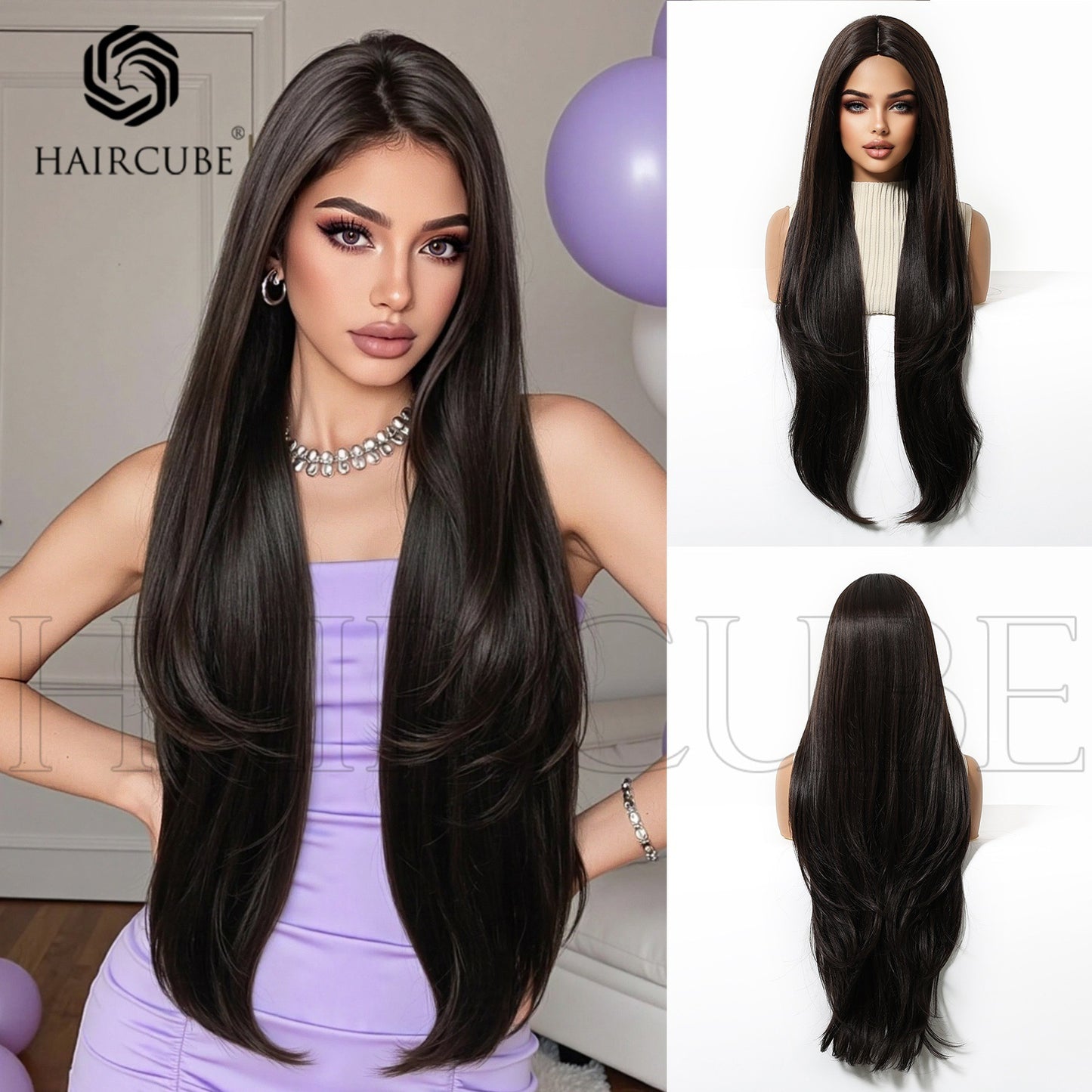 Gray White Gold Color Brown Head Long Straight Wig