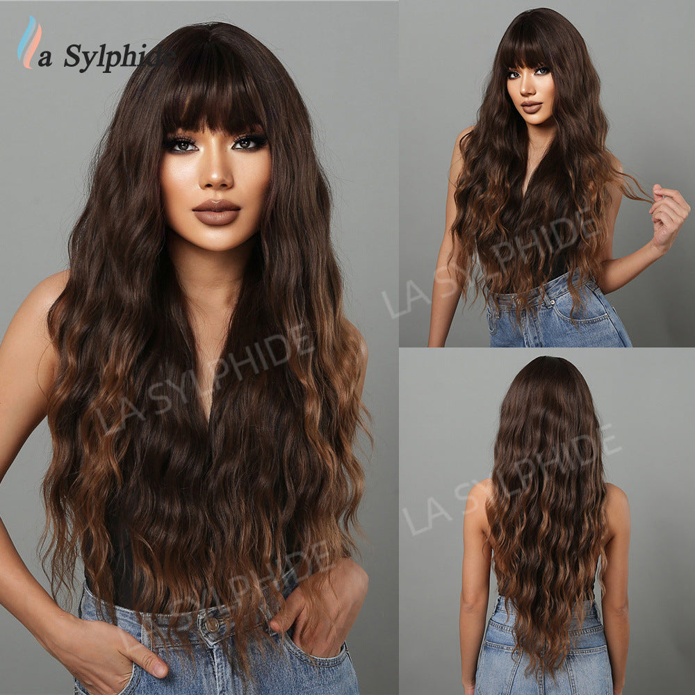 Female Dark Brown Dyed Light Bangs Curly Hair Mechanism Head Wig Long Curls