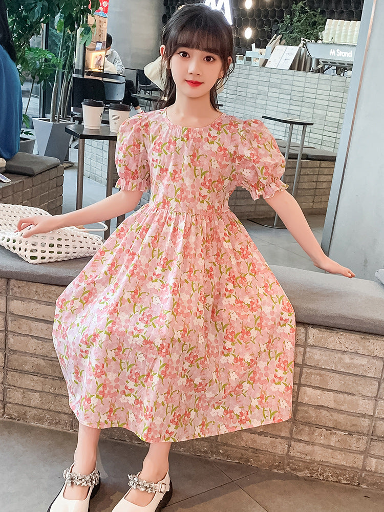 Cotton Skirt Floral Bubble Sleeve French Forest Oil Painting Style Children's Dress