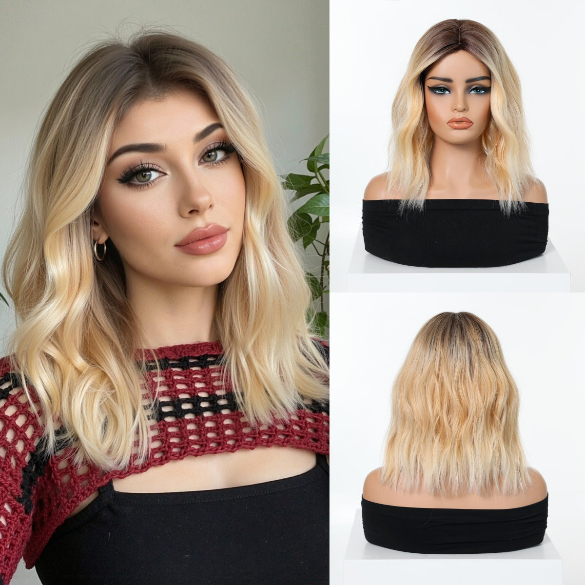Light Gold Gradient Mid-length Wavy Fashion Lady Natural Wig Short Curly Hair