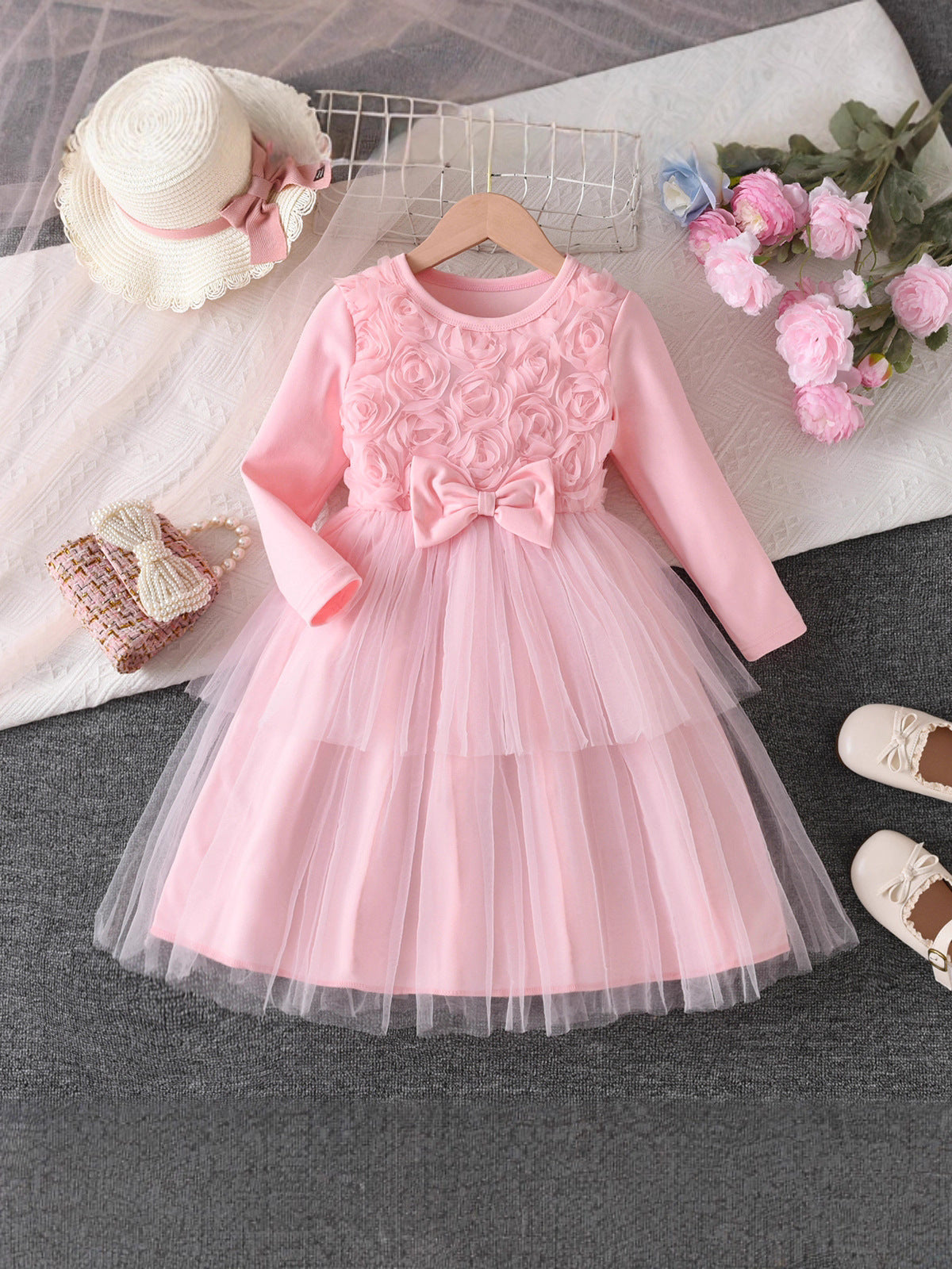 Autumn Color Three-dimensional Rose Bow Mesh Princess Children's Dress