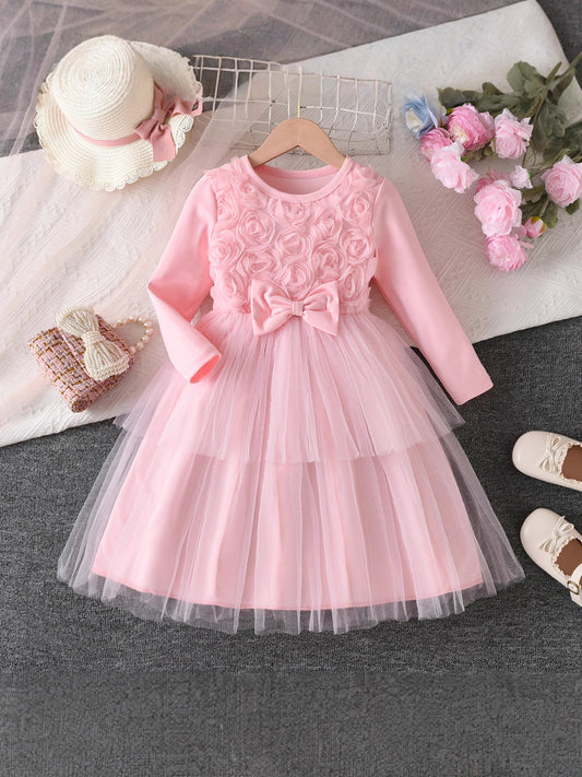 Autumn Color Three-dimensional Rose Bow Mesh Princess Children's Dress