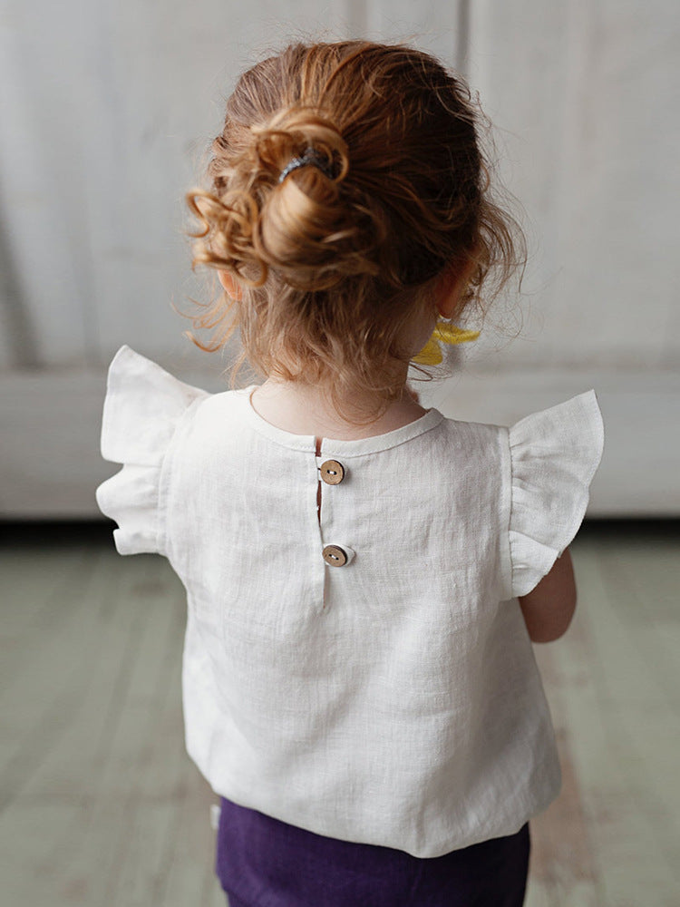 Cotton Linen Shirt Summer Short-sleeved Flying Sleeve Children's T-shirt