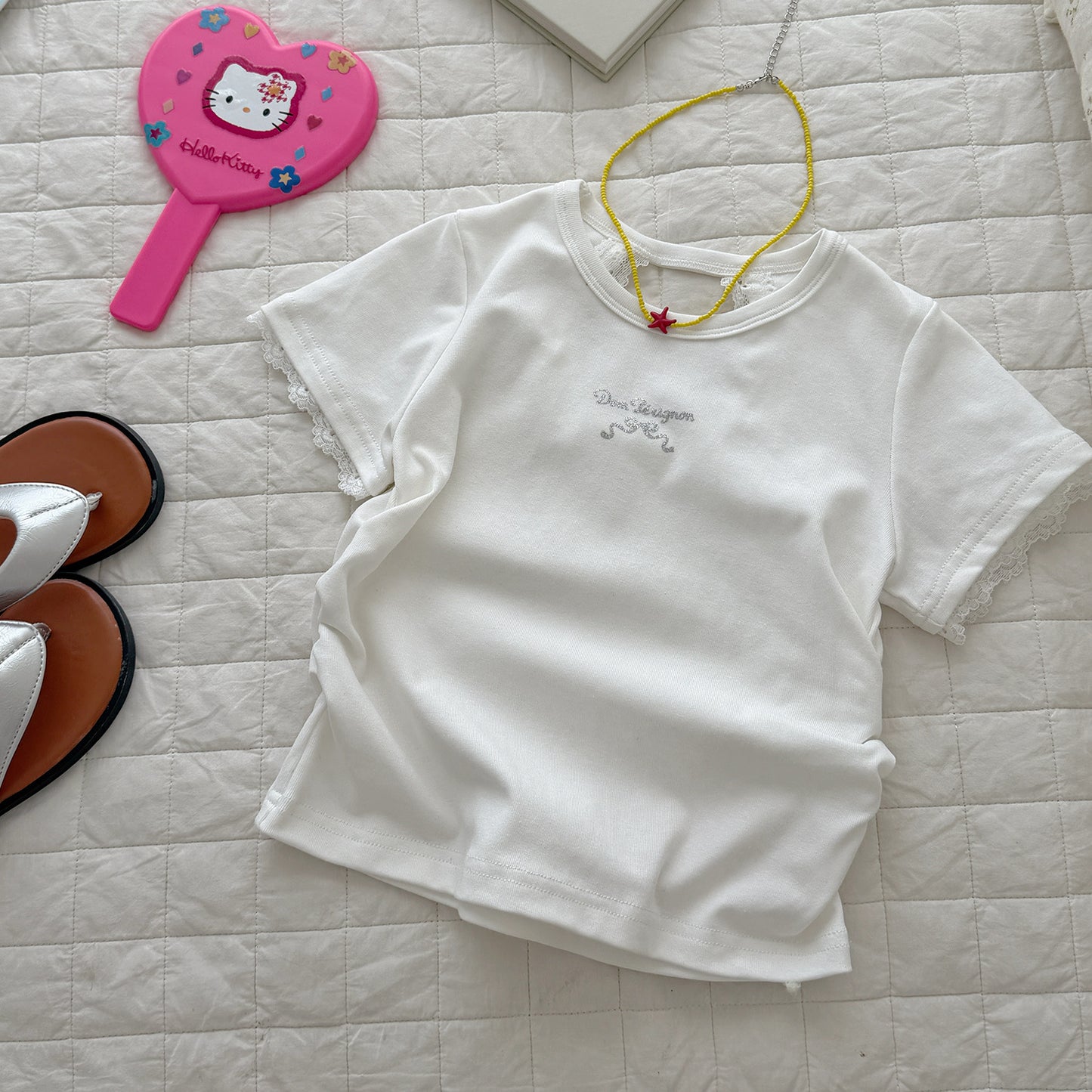 Children's Xie Summer Short-sleeved Lace Solid Color Bottoming Children's T-shirt