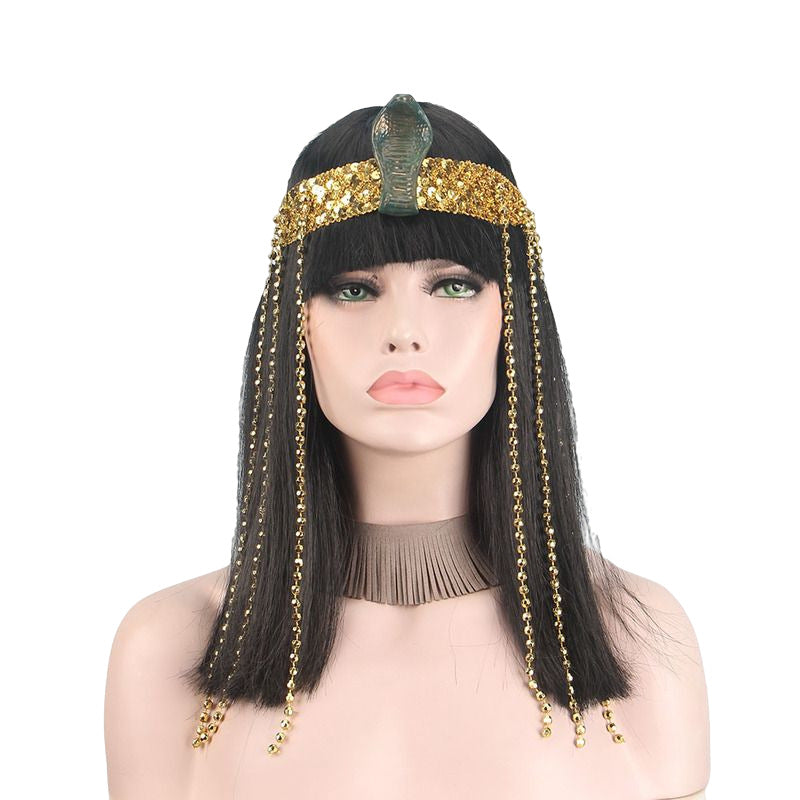Cleopatra Headgear With Snake Head Accessories Black Hair Sheath Long Straight Wig