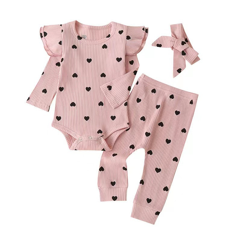 Heart Printing Romper Long-sleeved Trousers Bow Jumpsuit, Climbing Suit