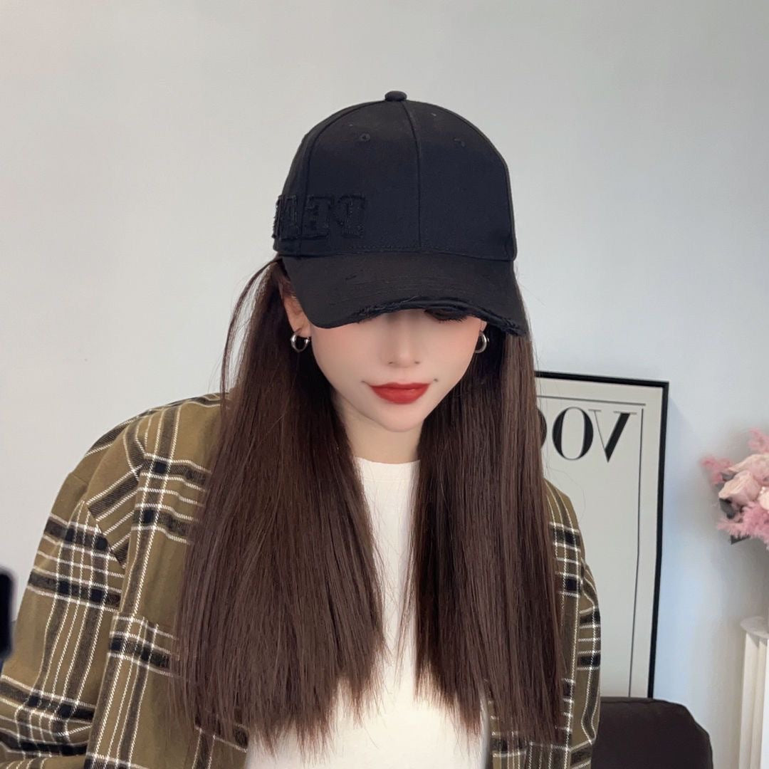 Side Seam Label Peaked Cap Baseball Integrated Trend Hat Wig Long Curls