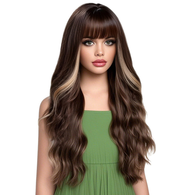 Scalp Head Dyed Black Brown Hair Straight Bangs Synthetic Wig Long Curls