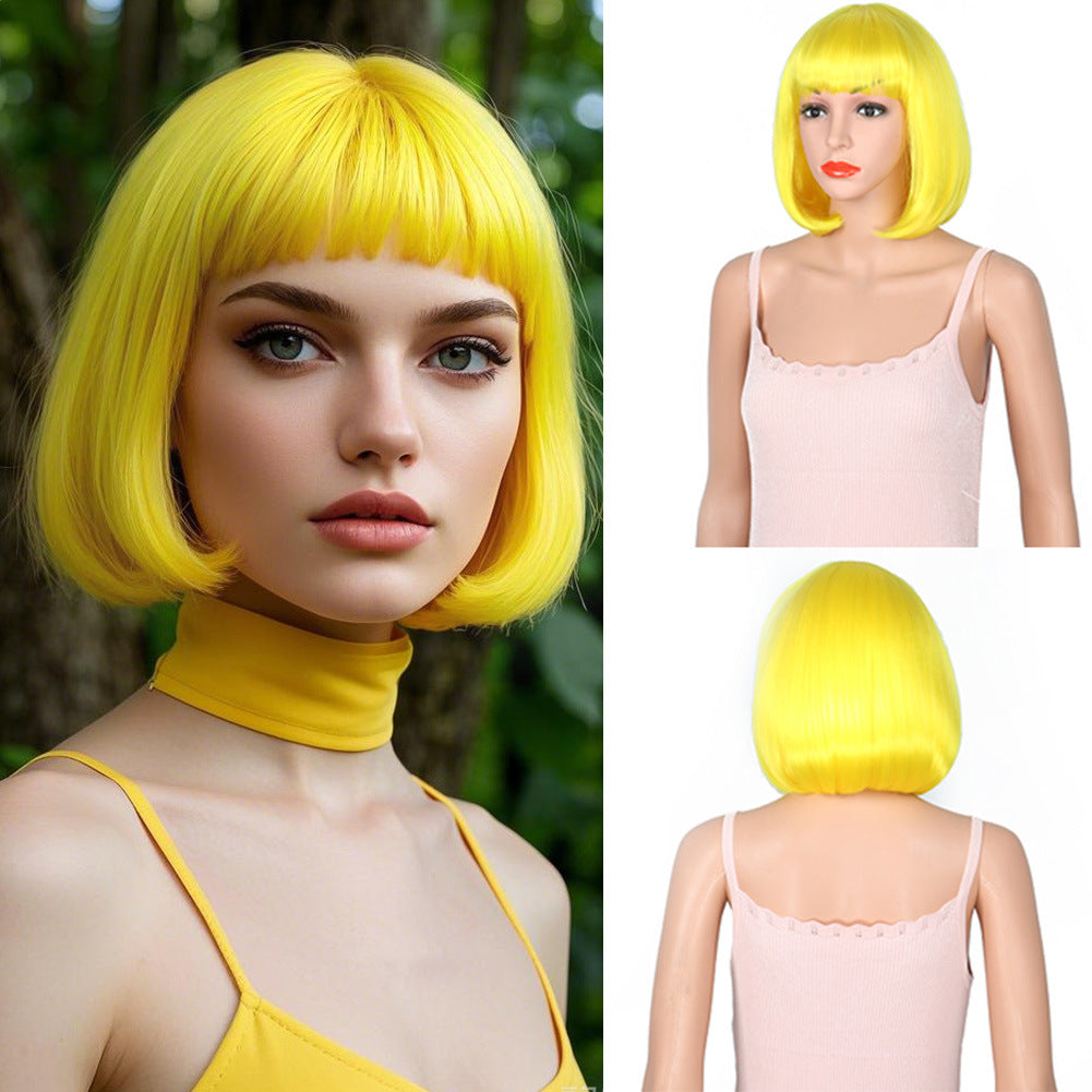 Women's Fashion Long Black Head Cover With Wig Short Straight Hair