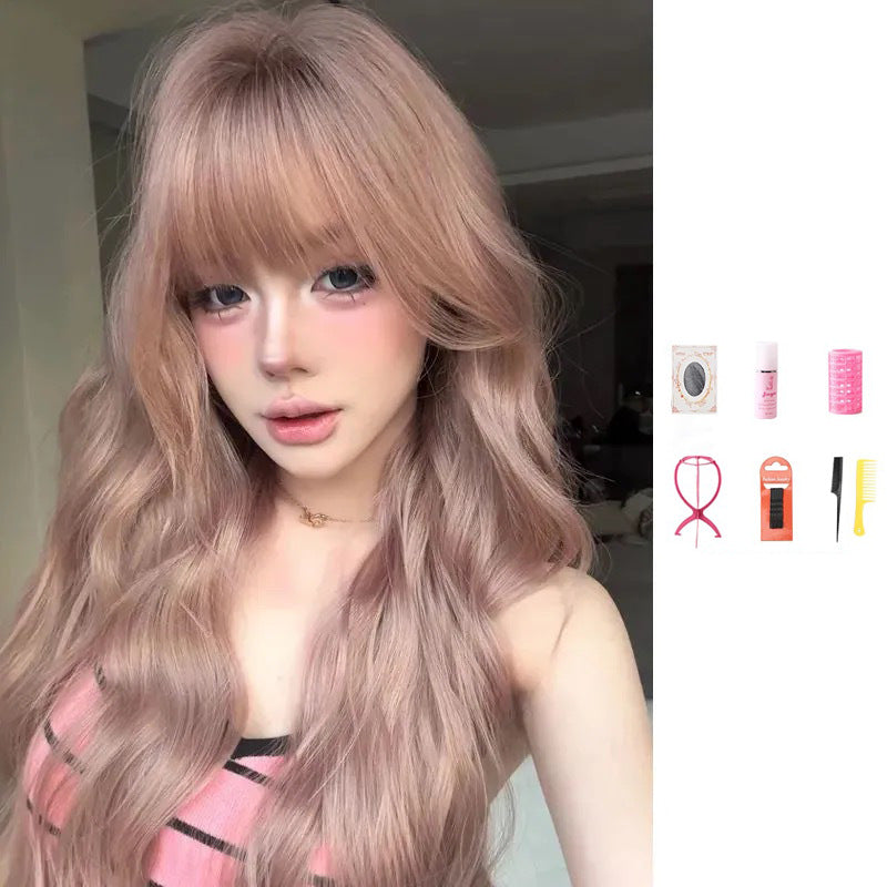 Hair Universal Daily Peach Oolong Natural Wig Long Curls
