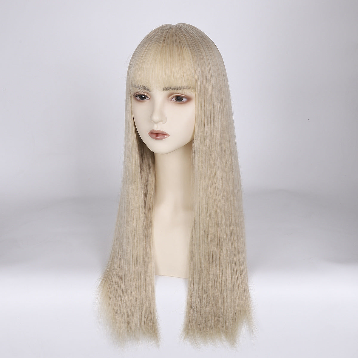 Women's Fashion Team Style White Gold Color Female Full Head Bangs Long Straight Wig