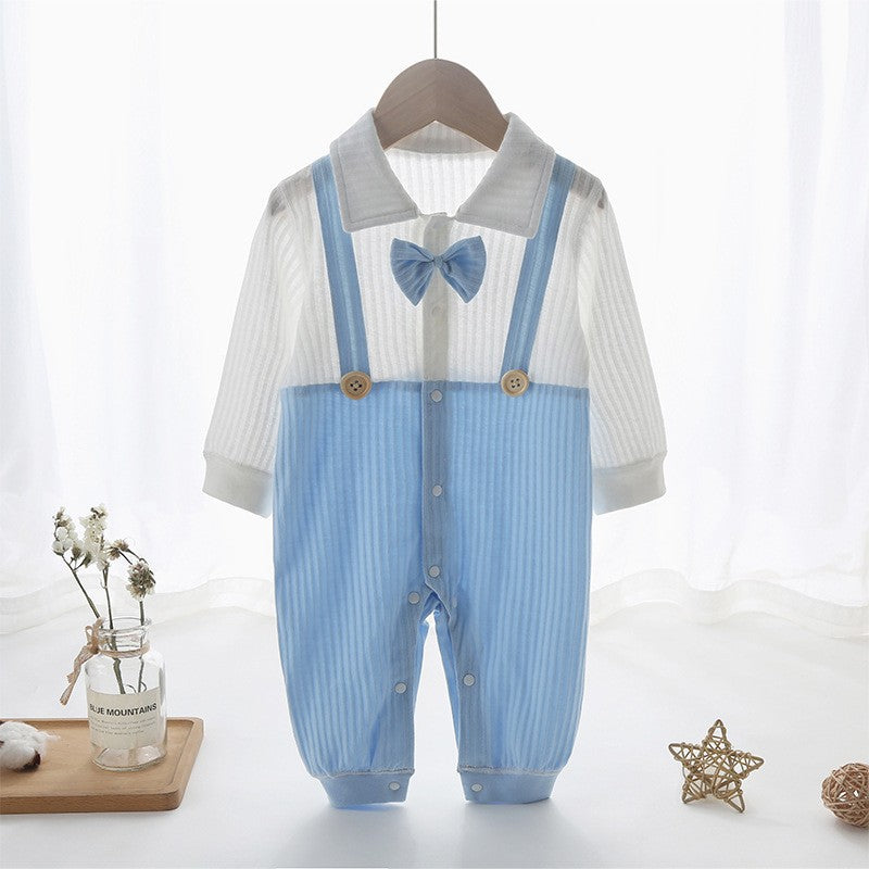 Blue Cotton Born Bow Snap Button Romper Jumpsuit, Climbing Suit