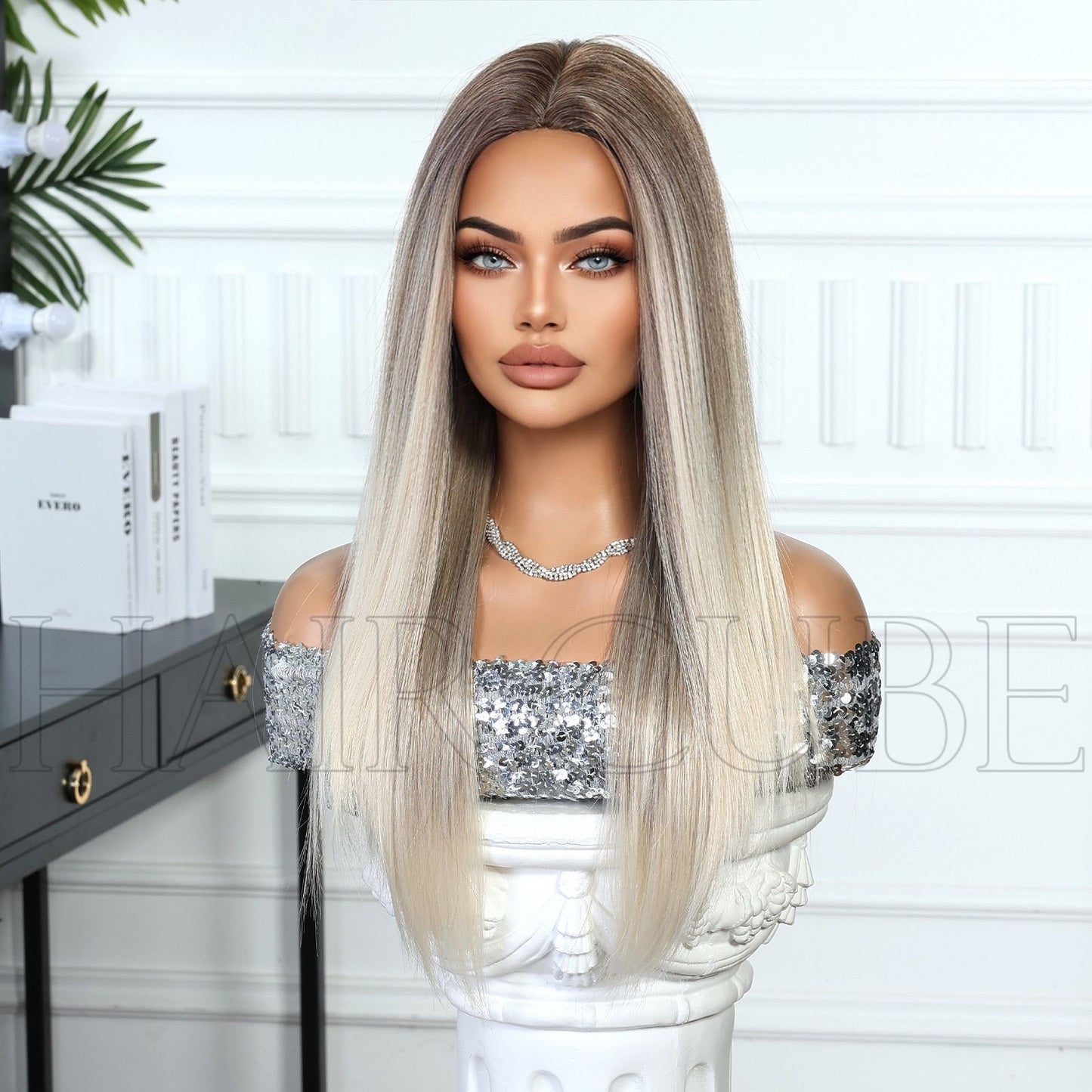 Women's White Gold Color Headgear Bangs Hair Atmosphere Long Straight Wig