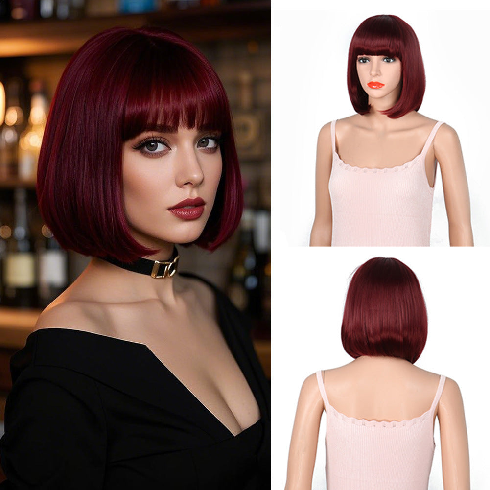 Women's Fashion Long Black Head Cover With Wig Short Straight Hair