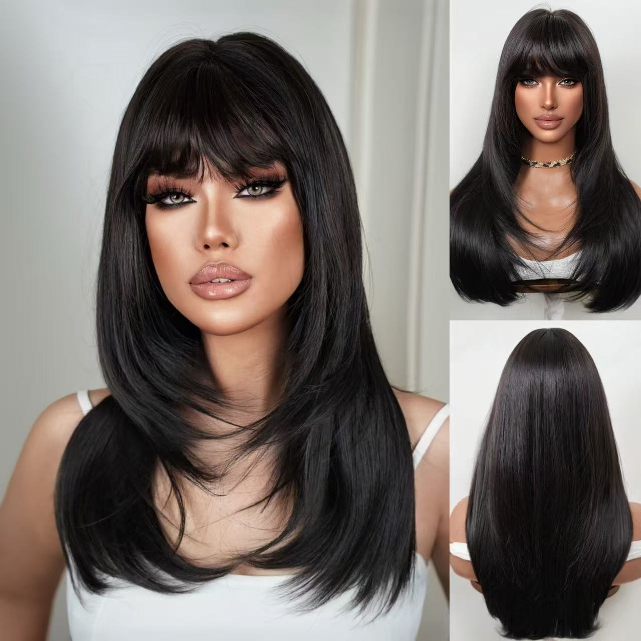 Brown Gradient Bangs Top Dyed Layered Wig Long Curls