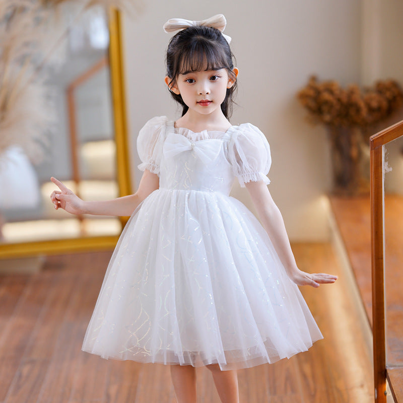 Children's Summer Puff Short Sleeve Bow Princess White Sequin Embroidery Day Children's Dress