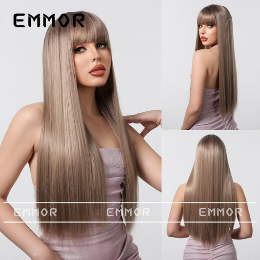 Bangs Champagne Brown Hair Dignified Goddess Chemical Long Straight Wig
