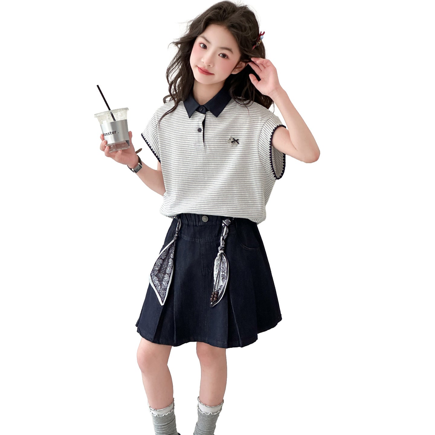 Children's Super Beautiful Medium Big Collar Short Sleeve Pleated Skirt Children's Suit