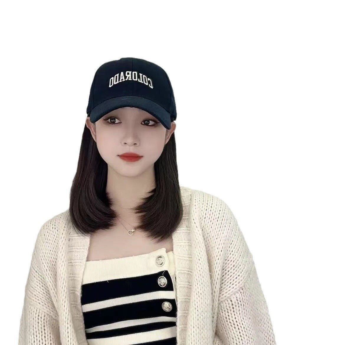 Trendy Korean Style Peaked Baseball Cap Mid-length Wig Short Straight Hair