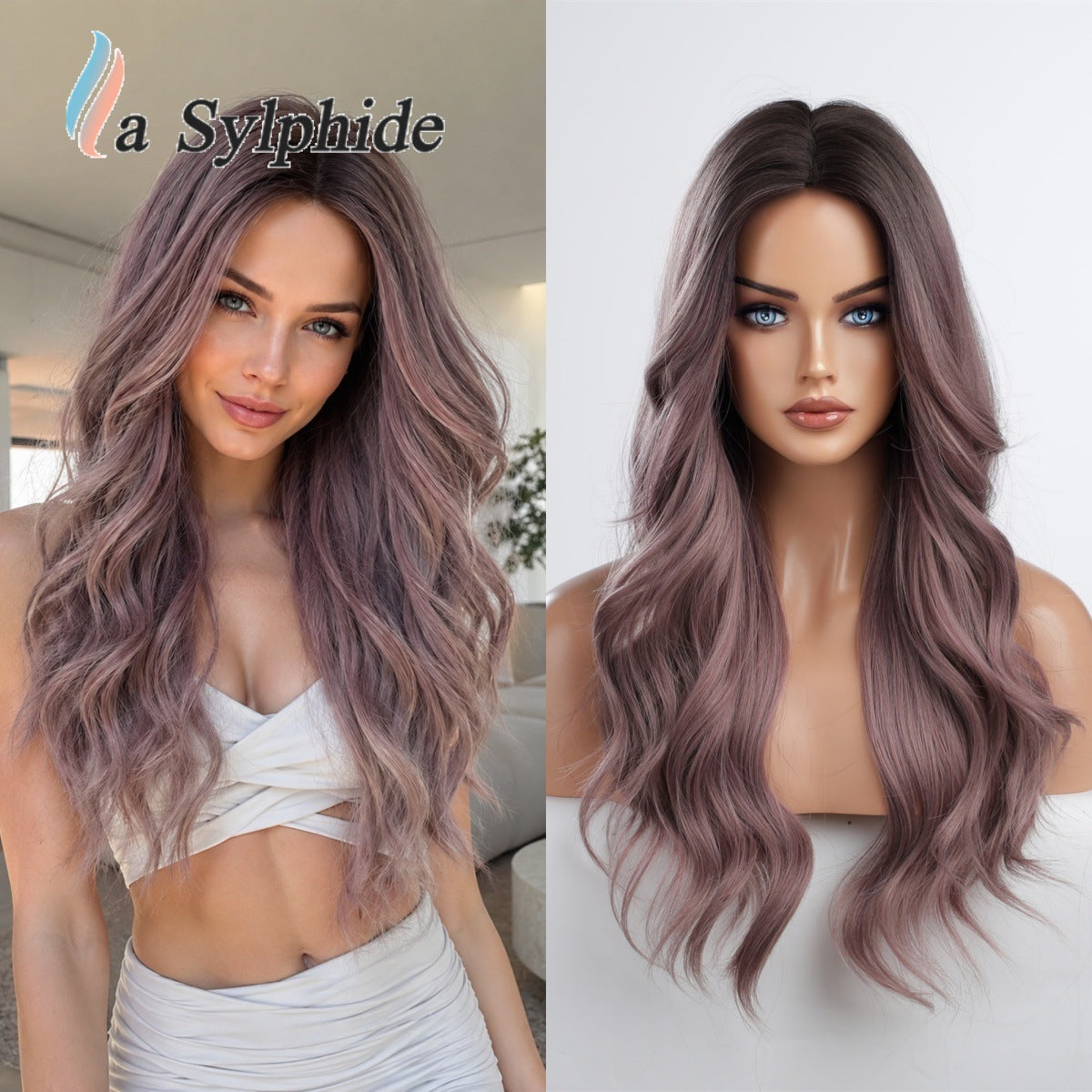 Brown Gradient Hair Fiber Mechanism Medium Curly Tie Up Bun Wig Long Curls