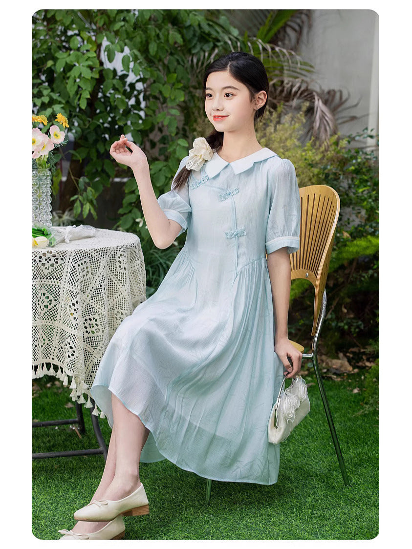 Short-sleeved Summer Cheongsam Blue Chinese Style Traditional Children's Dress