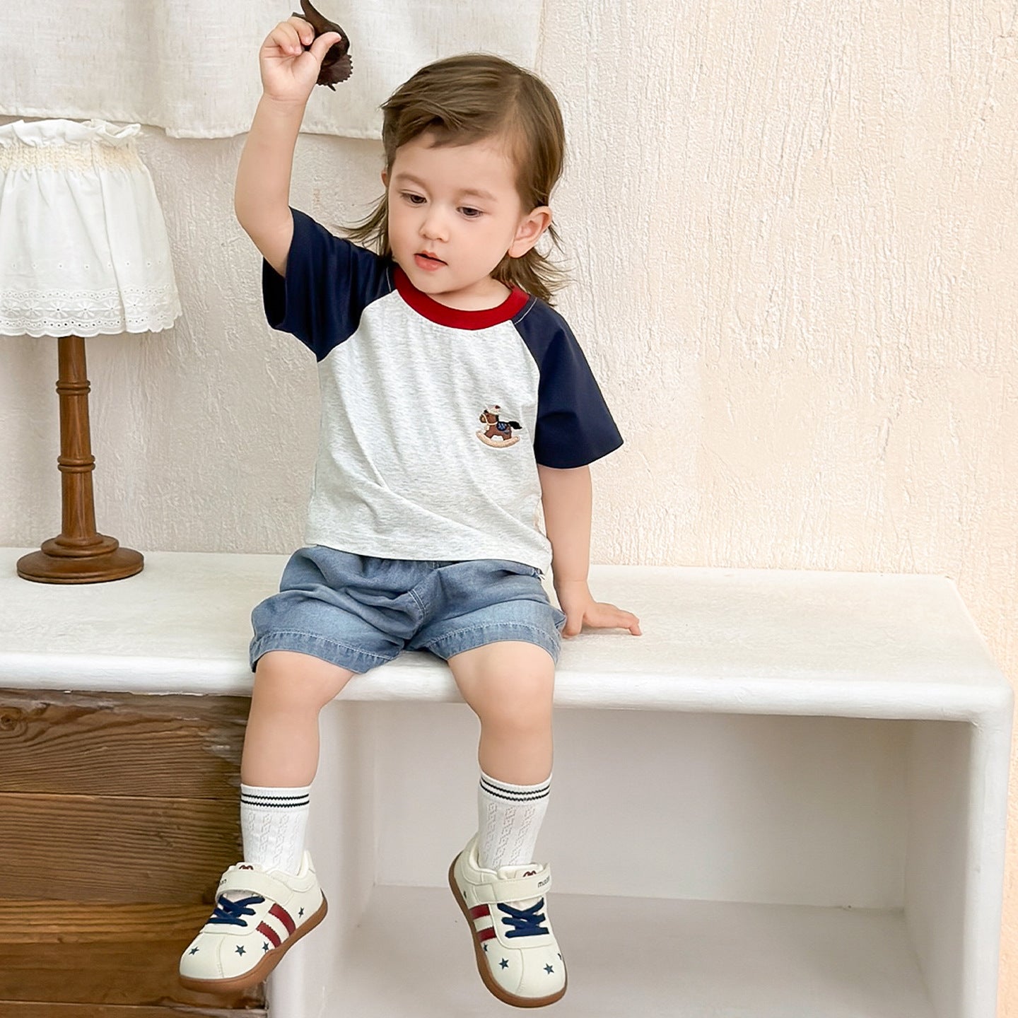 Versatile Top Korean Raglan Sleeve T-shirt Denim Shorts Two-piece Children's Suit