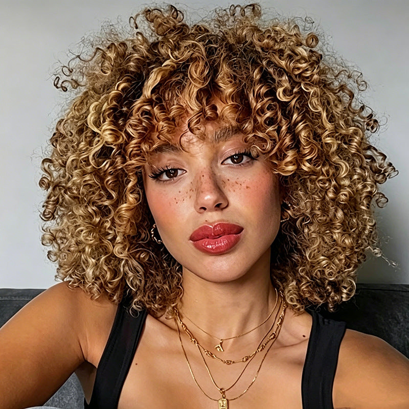African Small Fluffy Fiber Corn Bronzing Wig Short Curly Hair